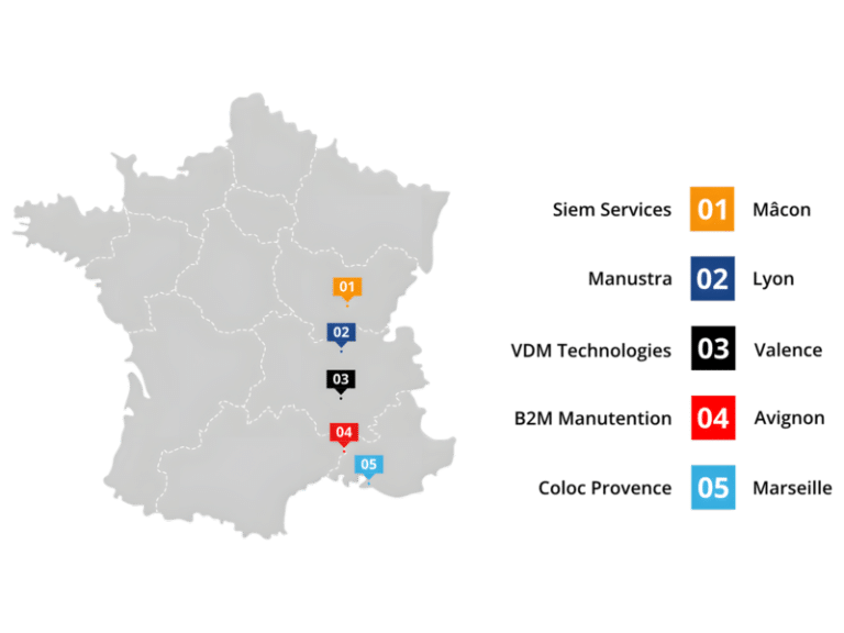 Carte de France avec l'implantation des entreprises de manutention du groupe Galilé
